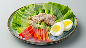 Fresh Tuna Salad Plate with Boiled Eggs, Lettuce, and Carrots