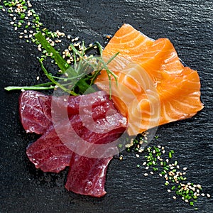 Fresh tuna and salmon sashimi.