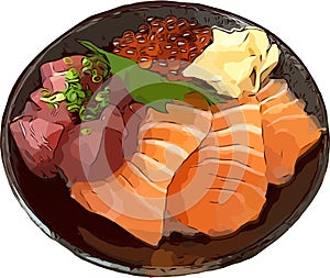 Fresh Tuna and salmon slide with bowl rice by illustration