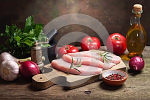 Fresh turkey meat steaks with rosemary and ingredients for cooking