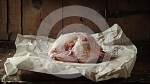 a fresh turkey thigh on parchment paper, fresh ingredients primed for cooking, with the turkey thigh as the richly