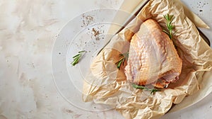 a fresh turkey thigh on parchment paper, fresh ingredients primed for cooking, with the turkey thigh as the richly