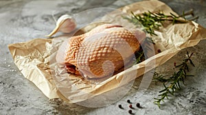 a fresh turkey thigh on parchment paper, fresh ingredients primed for cooking, with the turkey thigh as the richly