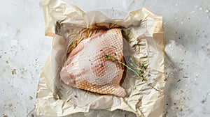 a fresh turkey thigh on parchment paper, fresh ingredients primed for cooking, with the turkey thigh as the richly