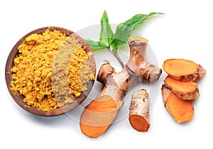 Fresh turmeric rhizome and turmeric powder isolated on white background