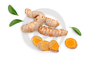 fresh turmeric root and slices isolated on white background. Top view. Flat lay