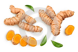 fresh turmeric root and slices isolated on white background. Top view. Flat lay