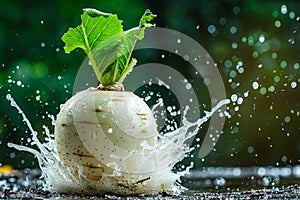 Fresh Turnip Splashed with Water Droplets on a Wooden Surface with Green Blurry Background