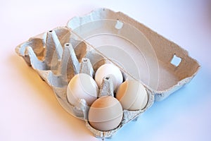 Fresh two light brown and two white eggs in a paper box and six empty spaces for healthy food. Egg container made of