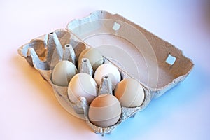 Fresh two light brown, two white and two light green eggs in a paper box and four empty spaces for healthy food. Egg