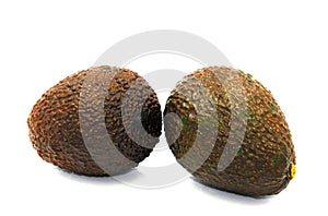 Fresh two violet organic avocado oil fruit oval shape. grunge surface skin. isolated on white background. Ingredient for vegetaria