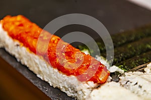 Fresh unbox sushi prepared to be eaten