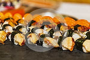 Fresh unbox sushi prepared to be eaten photo