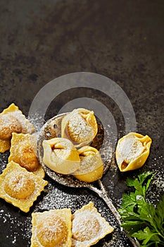 Fresh uncooked handmade tortellini and ravioli