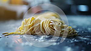 Fresh uncooked spaghetti pasta on floured surface