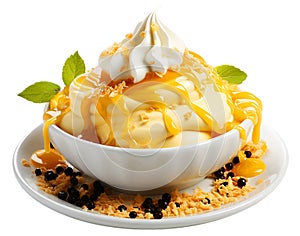 Fresh Vanilla and banana or lemon Ice cream in white bowl isolated on whited background
