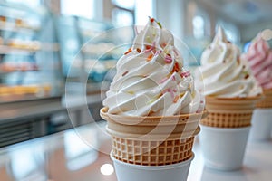 Fresh Vanilla Soft Serve Ice Cream Cones Topped With Sprinkles at a Local Creamery