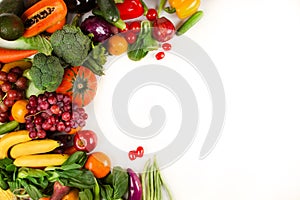 Fresh various vegetable and fruits put on isolated white background