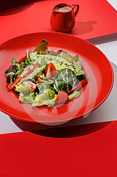 Fresh vegan green salad with avocado, tomatoes , red bell peper and nut sauce in red color boul at red and white background with