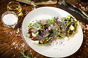 Fresh vegan salad. Avocado, couscous, melon, portobello, soybean, tofu on white plate. Delicious healthy mixed greens