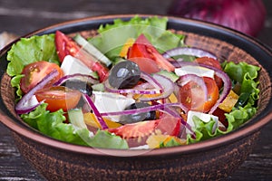 Fresh vegetable colorful greek salad in pate