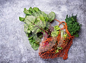 Fresh vegetable in fishnet bag