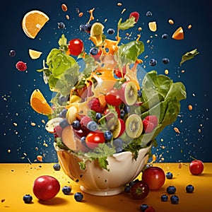 Fresh vegetable and fruit salad in the bowl, explosion and splash. Generative AI