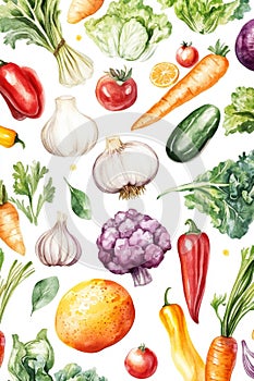 Fresh Vegetable and Fruit Watercolor Illustration. World Vegetarian Day photo