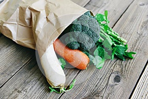 Fresh vegetable from market take away paper bag shopping on wooden table, Delivery healthy food in paper bag grocery shopping