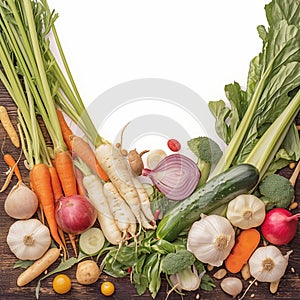 Fresh vegetable medley carrot, garlic, kohlrabi, onion, celery, cucumber, parsnip, radish