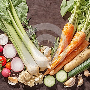 Fresh vegetable medley carrot, garlic, kohlrabi, onion, celery, cucumber, parsnip, radish