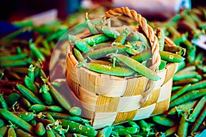 Fresh Vegetable Organic Green Beans In Decorative Wicker Basket.