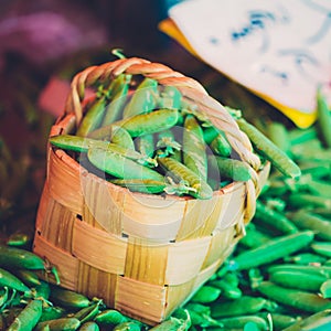 Fresh Vegetable Organic Green Beans In Wicker Basket.