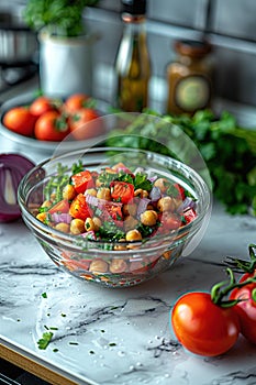 Fresh vegetable salad in a bowl on a kitchen counter.
