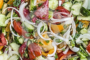 Fresh vegetable salad close-up background - tomatoes, onions, cucumbers, greens. Healthy eating