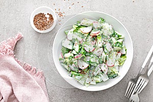 Fresh vegetable salad of green lettuce, radish and cucumber with dill, green onions and greek yogurt