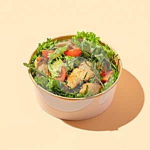 Fresh vegetable salad with grilled chicken breast - tomatoes, cucumbers, mix lettuce leaves. Chicken salad. Healthy food. Isolated