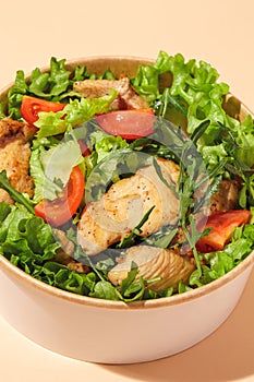 Fresh vegetable salad with grilled chicken breast - tomatoes, cucumbers, mix lettuce leaves. Chicken salad. Healthy food. Isolated