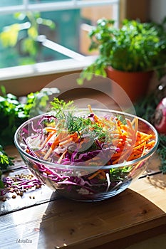 Fresh vegetable salad with herbs in a glass bowl by the window.