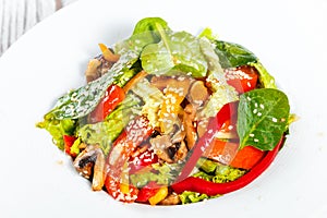 Fresh vegetable salad with lettuce, spinach, grilled mushrooms, tomatoes, sweet peppers and sesame seeds on plate