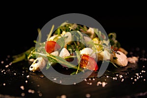 A fresh vegetable salad. A mix of tomatoes, green lettuce, arugula, radishes and seeds. Healthy vegetarian food