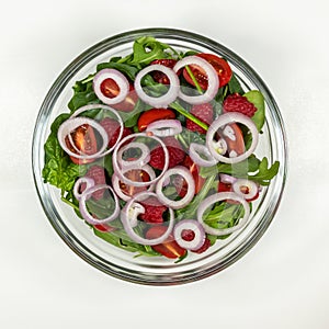 Fresh vegetable salad plate. Step 4 - onion.