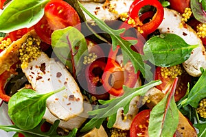 Fresh vegetable salad plate of tomatoes, spinach, pepper, arugula, chard leaves and grilled chicken breast. Fried chicken meat, fi