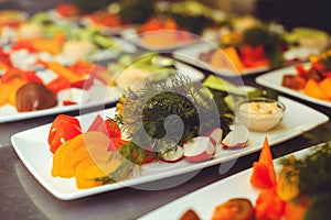 Fresh vegetable salad with radish, cucumber, bell pepper, tomatoes and herbs in a ceramic bowl restaurant dish. Selective focus