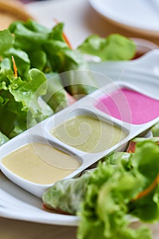 Fresh vegetable salad roll with three Colorful salad dressing