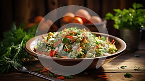 Fresh Vegetable Salad In A Rustic Bowl With A Background Of Green Herbs. Generative AI