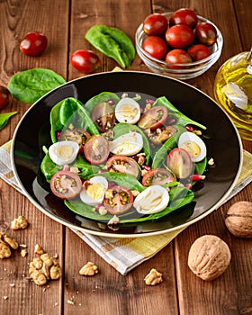 Fresh vegetable salad with spinach, cherry tomatoes, quail eggs, pomegranate seeds and walnuts in black plate on wooden table.