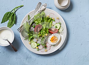 Fresh vegetable salad with tomatoes, radish, green herbs and boiled egg on a light blue stone background.
