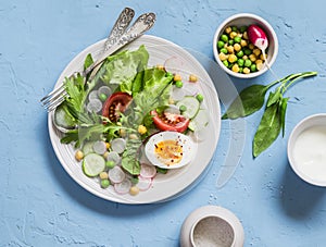Fresh vegetable salad with tomatoes, radish, green herbs and boiled egg on a light blue stone background.