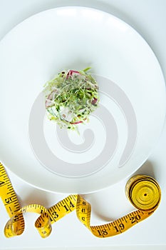 Fresh vegetable salad on a white plate. Dietary nutrition. Vegan food. Microgreen, flax seeds in food. To eat and lose weight.